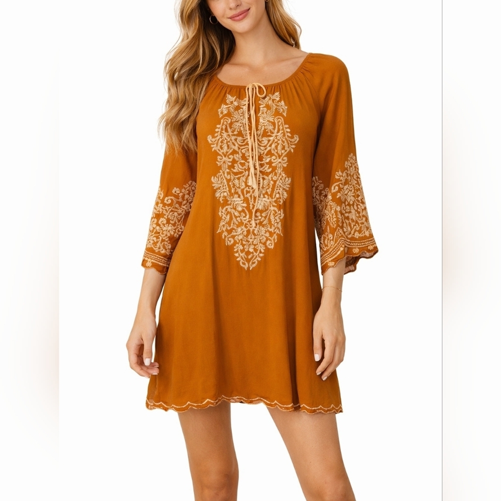 CHIC CONNECTION Mustard Yellow Floral Embroidered Boho Peasant Mini Dress